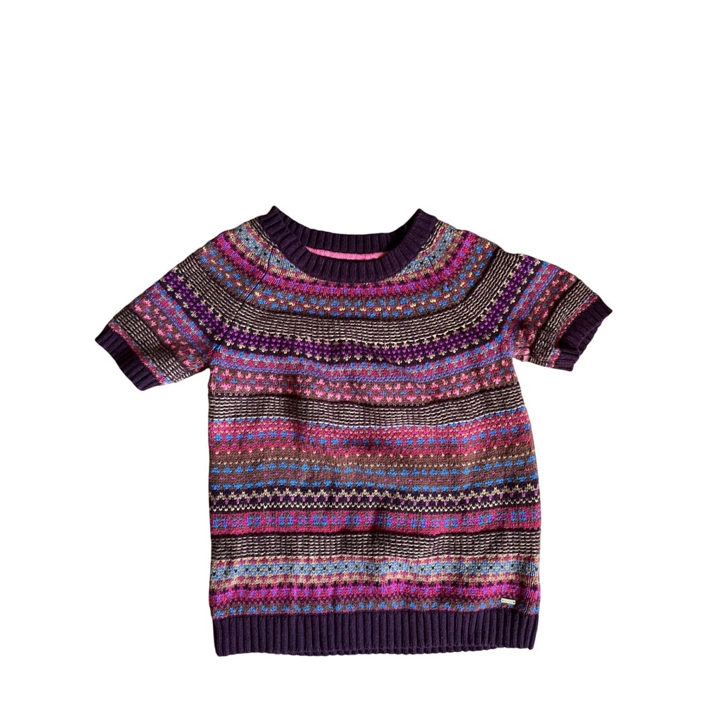 Tommy Hilfiger Fair Isle Short Sleeve Sweater XL Burgundy Pink Cotton Angora